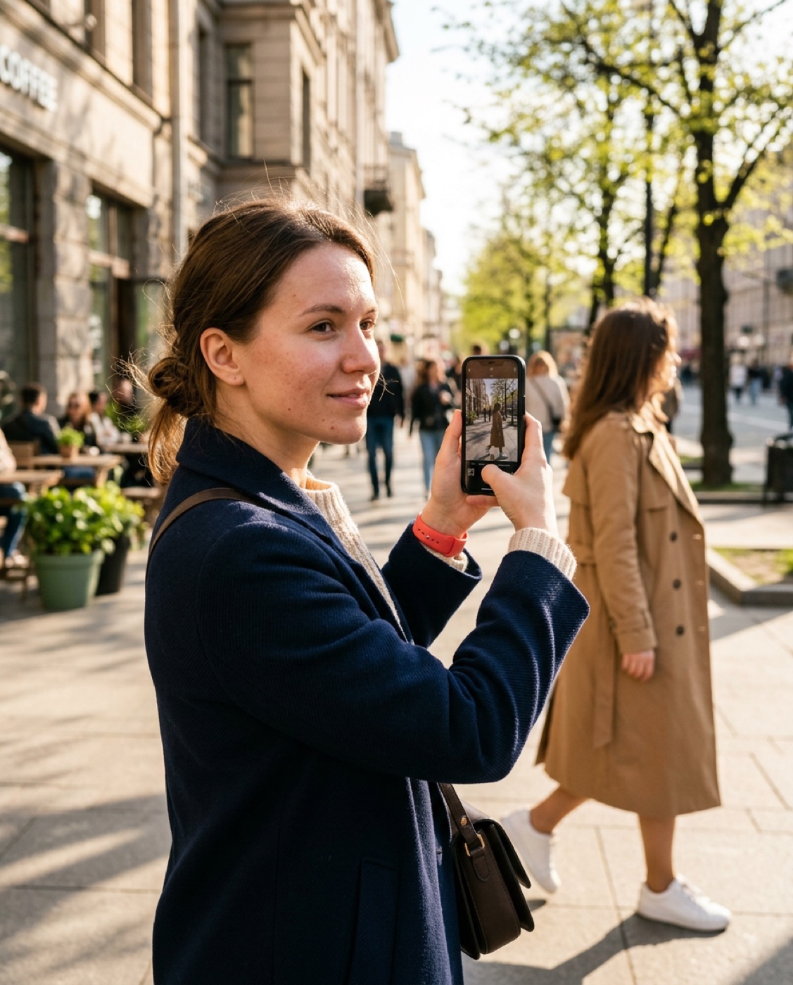 Девушка фотографирует образ прохожей на телефон